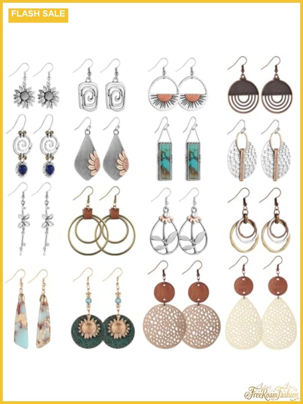 Boho Dangle Earrings Set Wood Leather Alloy Hinged Hoop